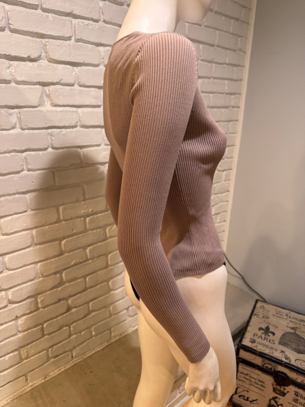 ZARA Mushroom Taupe Ribbed V-Neck Sweater Deep V Fitted Stretchy Small NWT - Picture 10 of 11